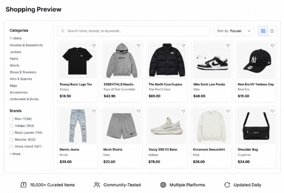 Hoobuy shopping preview showing product categories and item options