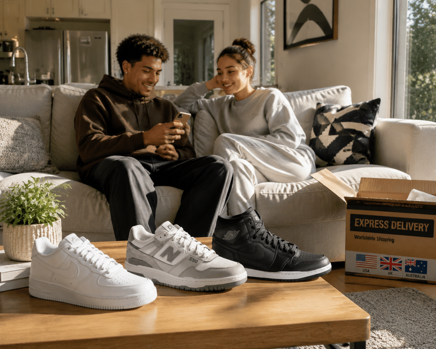 Three popular sneaker styles displayed on coffee table with express delivery box, Nike Air Force 1 Jordan 1 New Balance collection